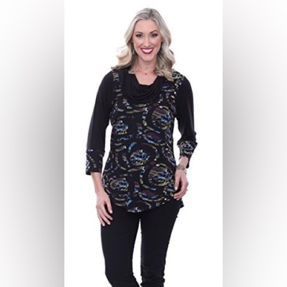 Parsley & Sage Tops - Parsley & Sage - Claire, Cowl Neck, 3/4 Sleeve Tunic Top Patterned size L #1640